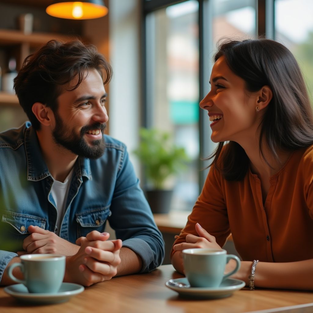 Dos personas de diferentes culturas hablando en un café